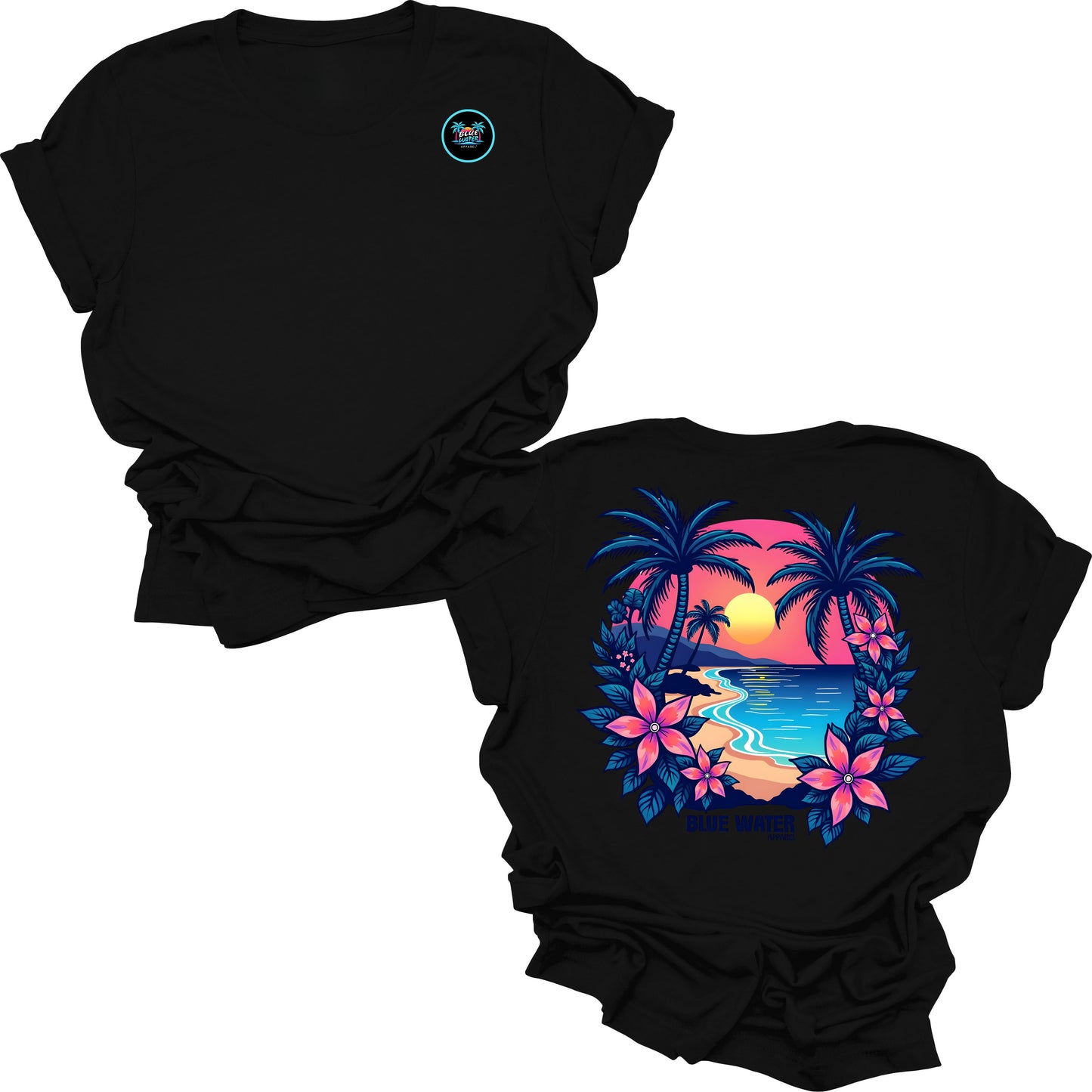 flat lay black tropical sunset tee by blue water apparel