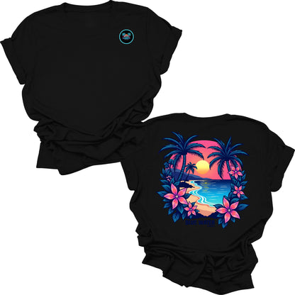 flat lay black tropical sunset tee by blue water apparel