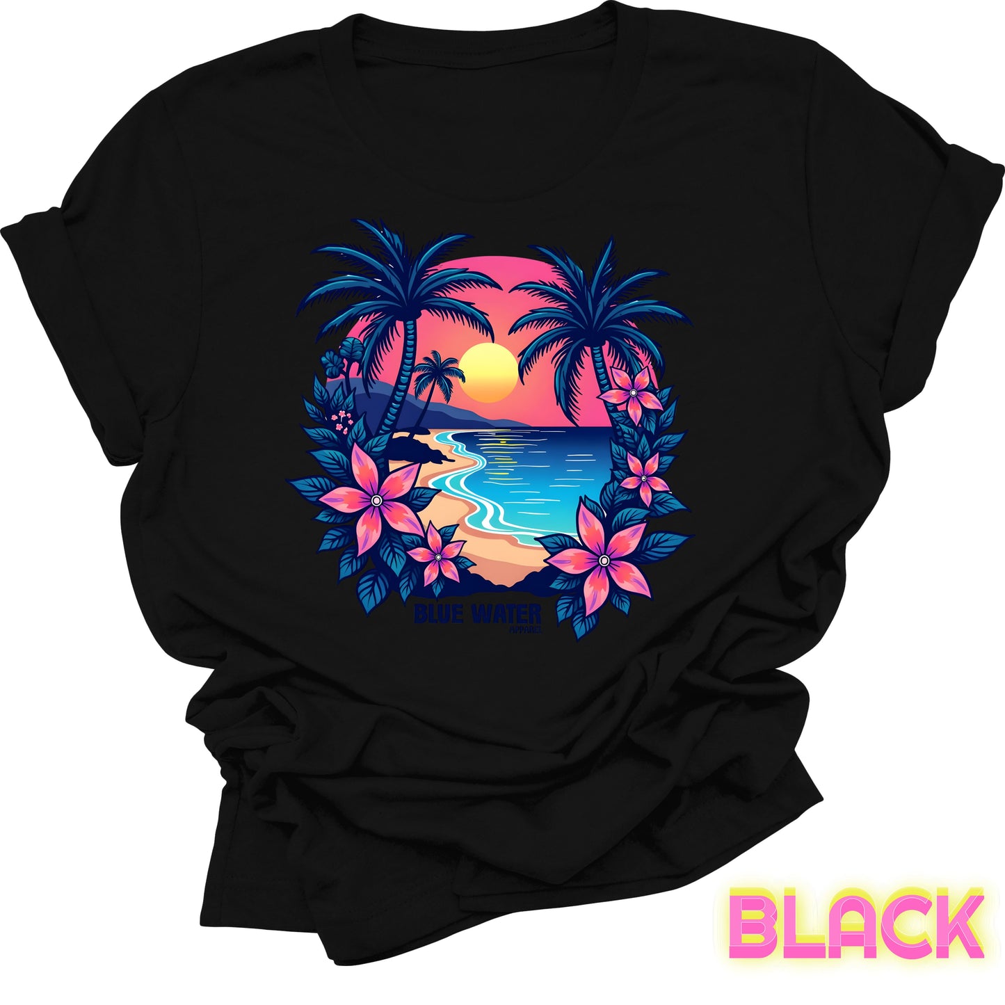 flat lay front graphic black tropical sunset tee by blue water apparel