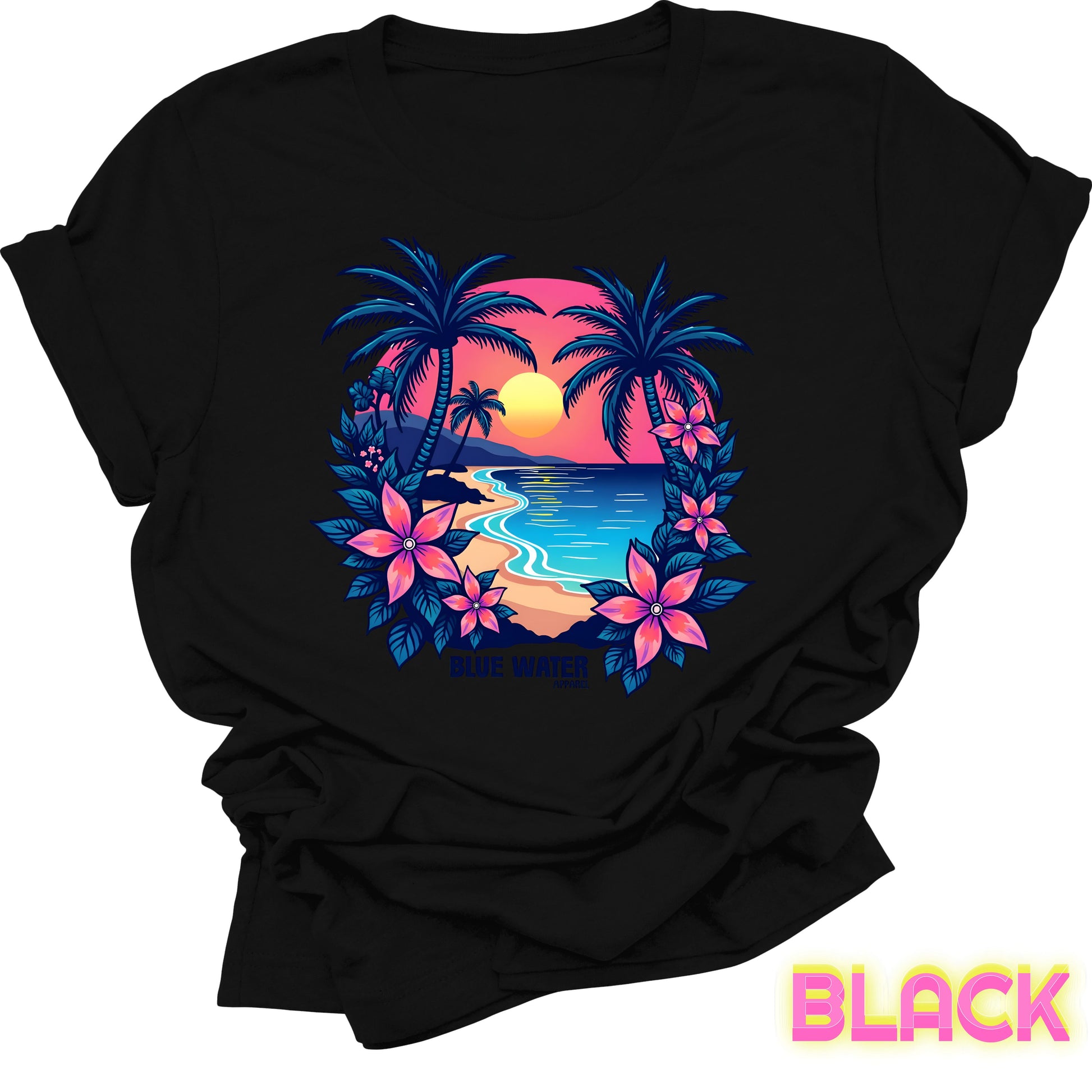 flat lay front graphic black tropical sunset tee by blue water apparel