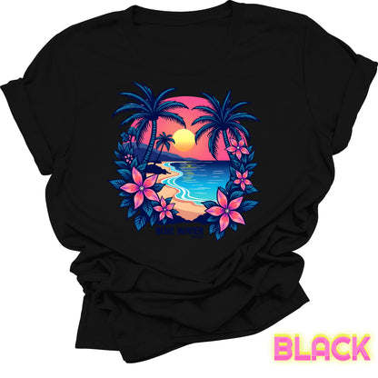 flat lay front graphic black tropical sunset tee by blue water apparel