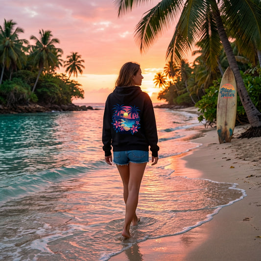 model wearing black tropical sunset adult hoodie walking on beach by blue water apparel