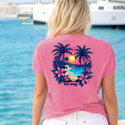 model on pier wearing charity pink tee by blue water apparel