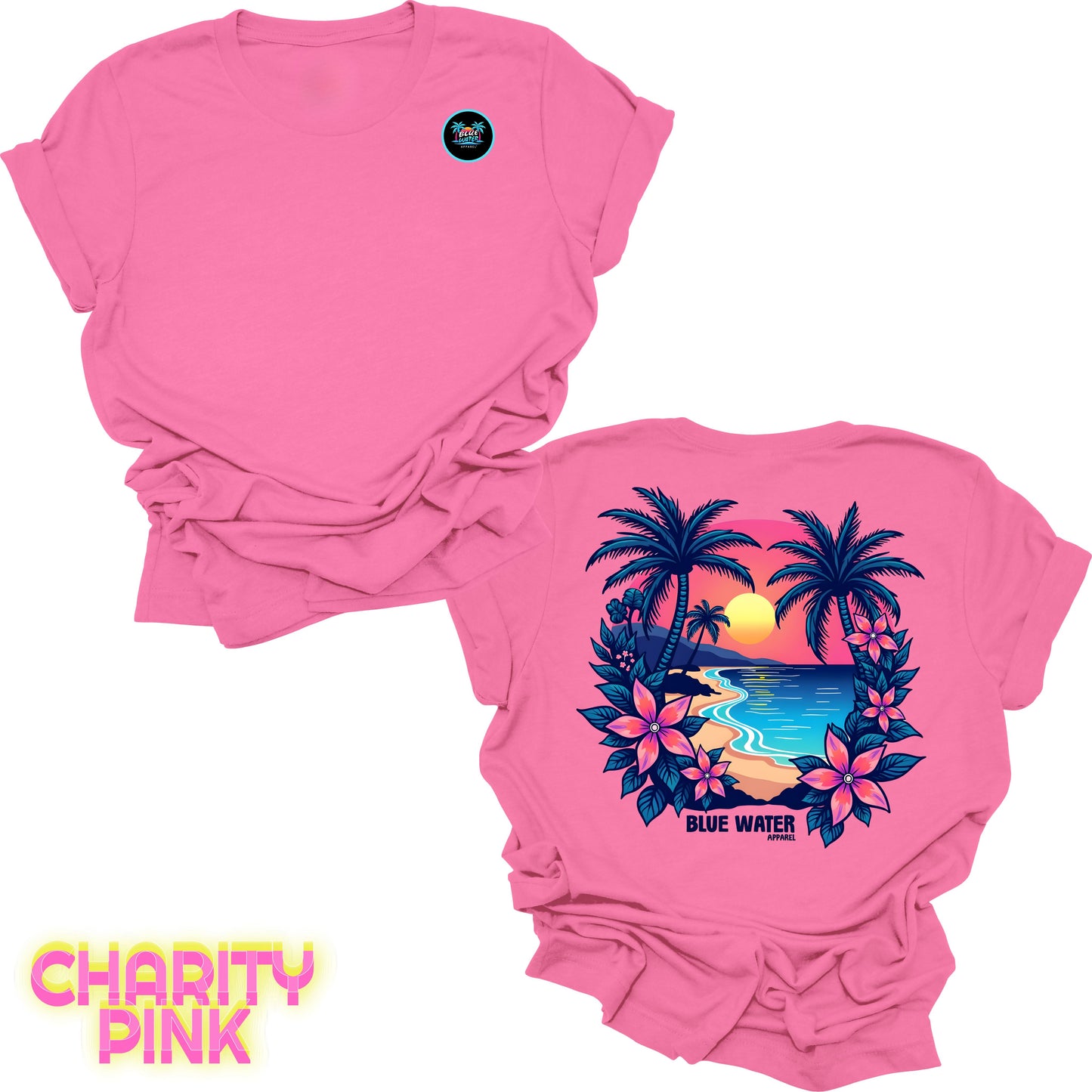flat lay back graphic charity pink tropical sunset tee by blue water apparel