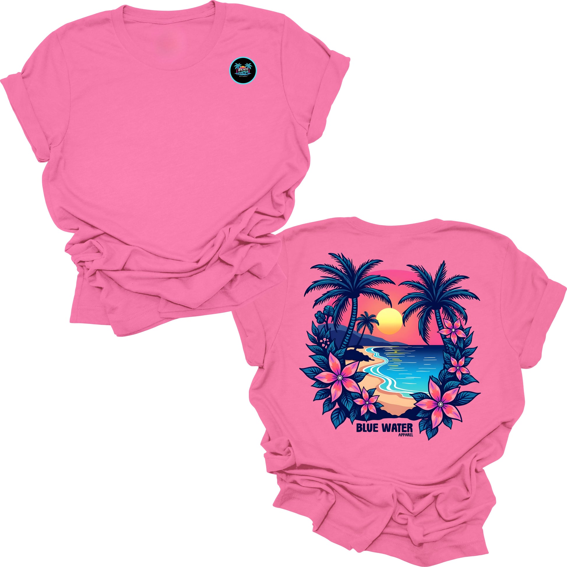 flat lay charity pink tropical sunset tee by blue water apparel