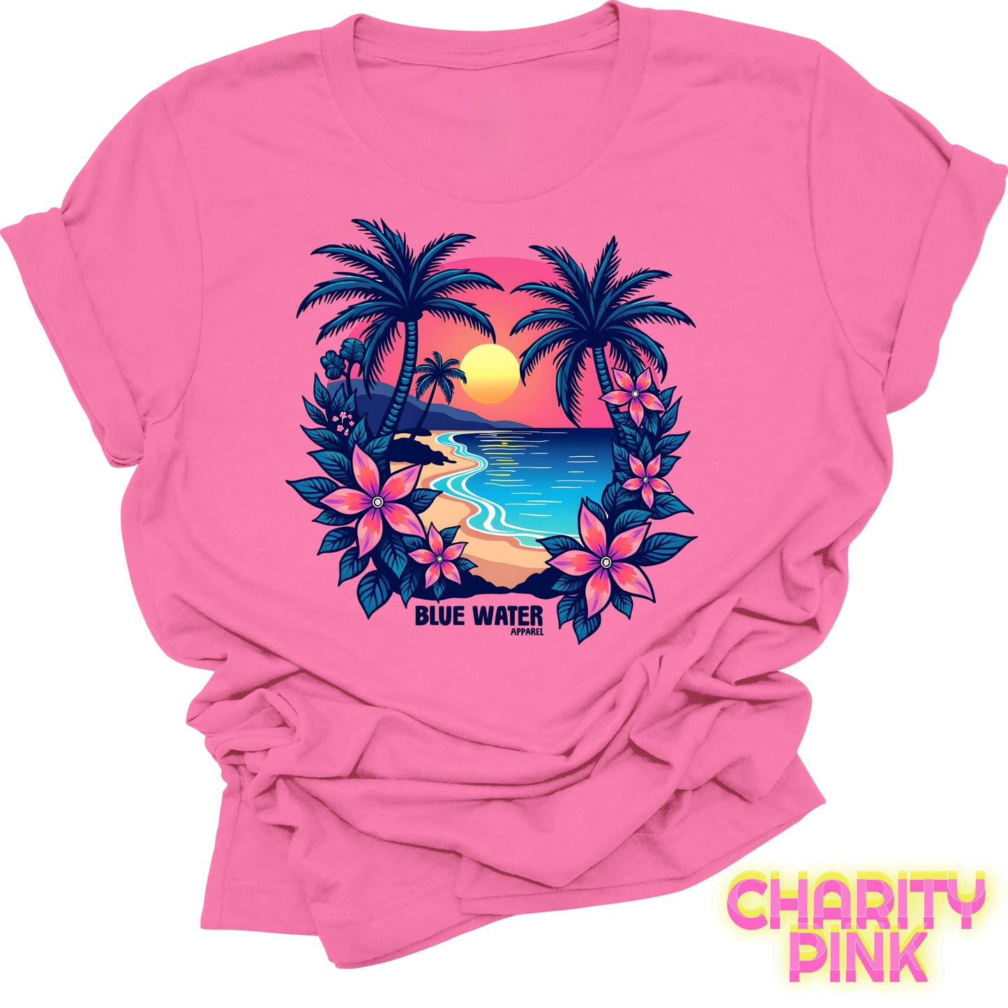flat lay front graphic charity pink tropical sunset tee by blue water apparel