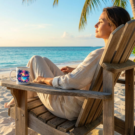 model with the tropical sunset coffee mug sitting in a wooden chair on the beach by blue water apparel