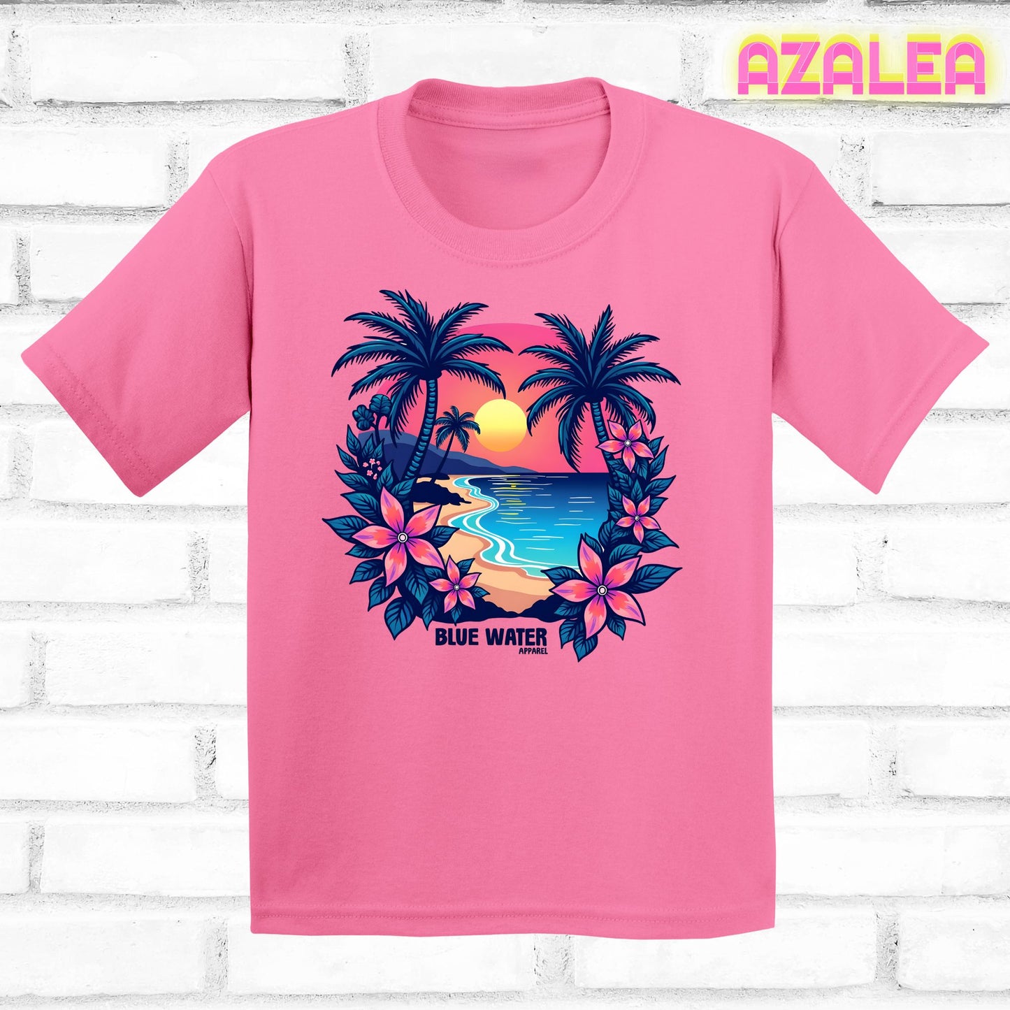 flat lay azalea tropical sunset tee by blue water apparel