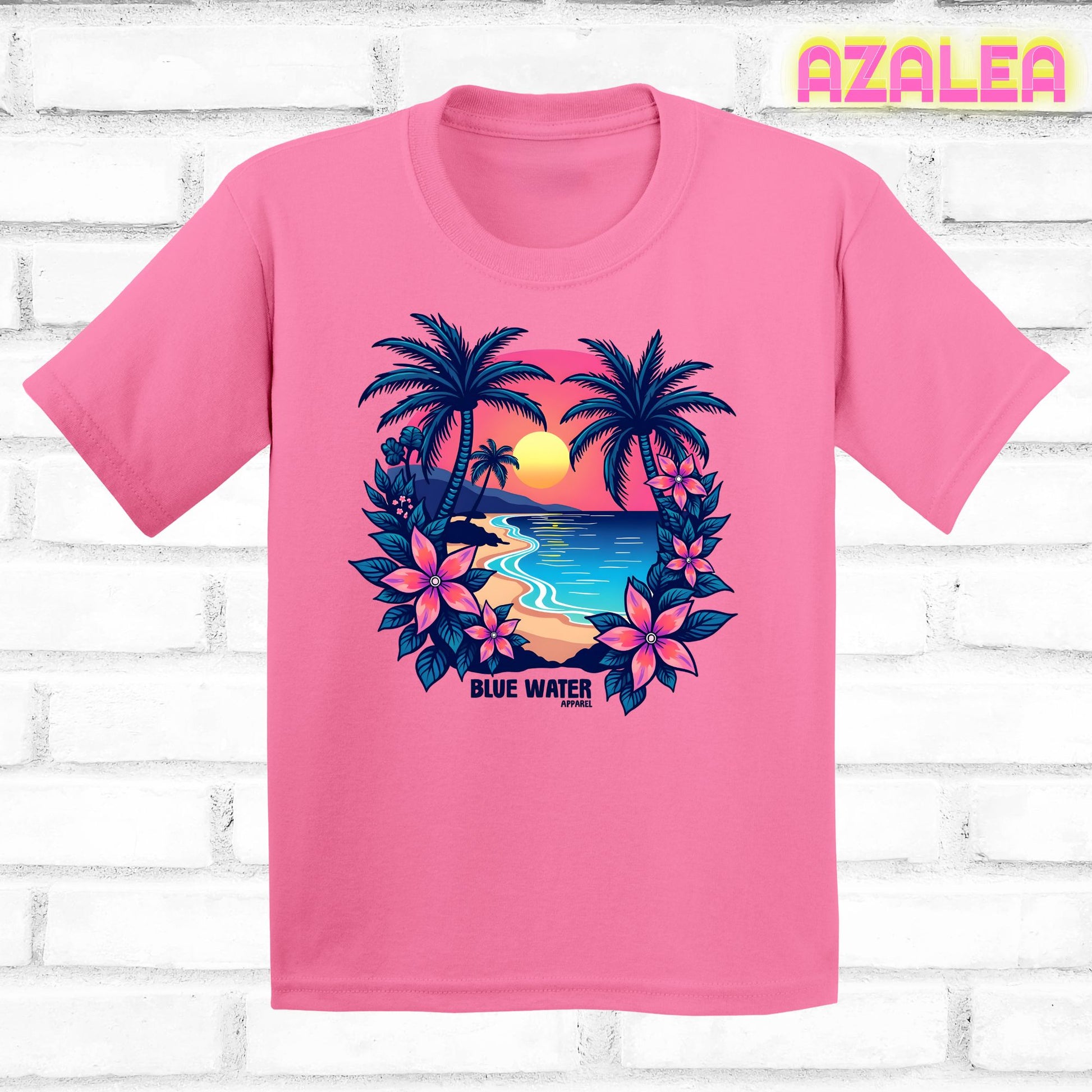 flat lay azalea tropical sunset tee by blue water apparel