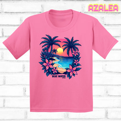 flat lay azalea tropical sunset tee by blue water apparel