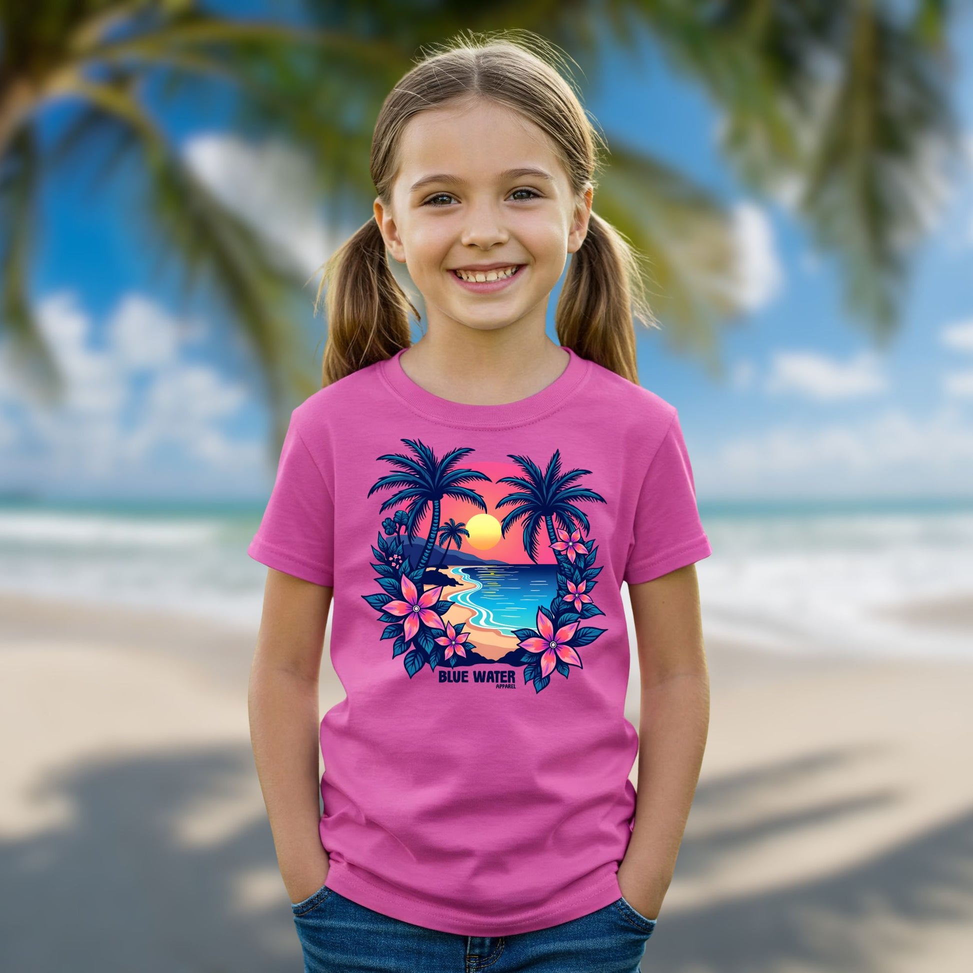child on beach wearing azalea tropical sunset tee by blue water apparel