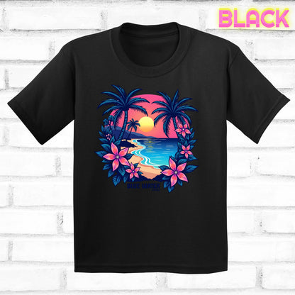 flat lay black tropical sunset tee by blue water apparel