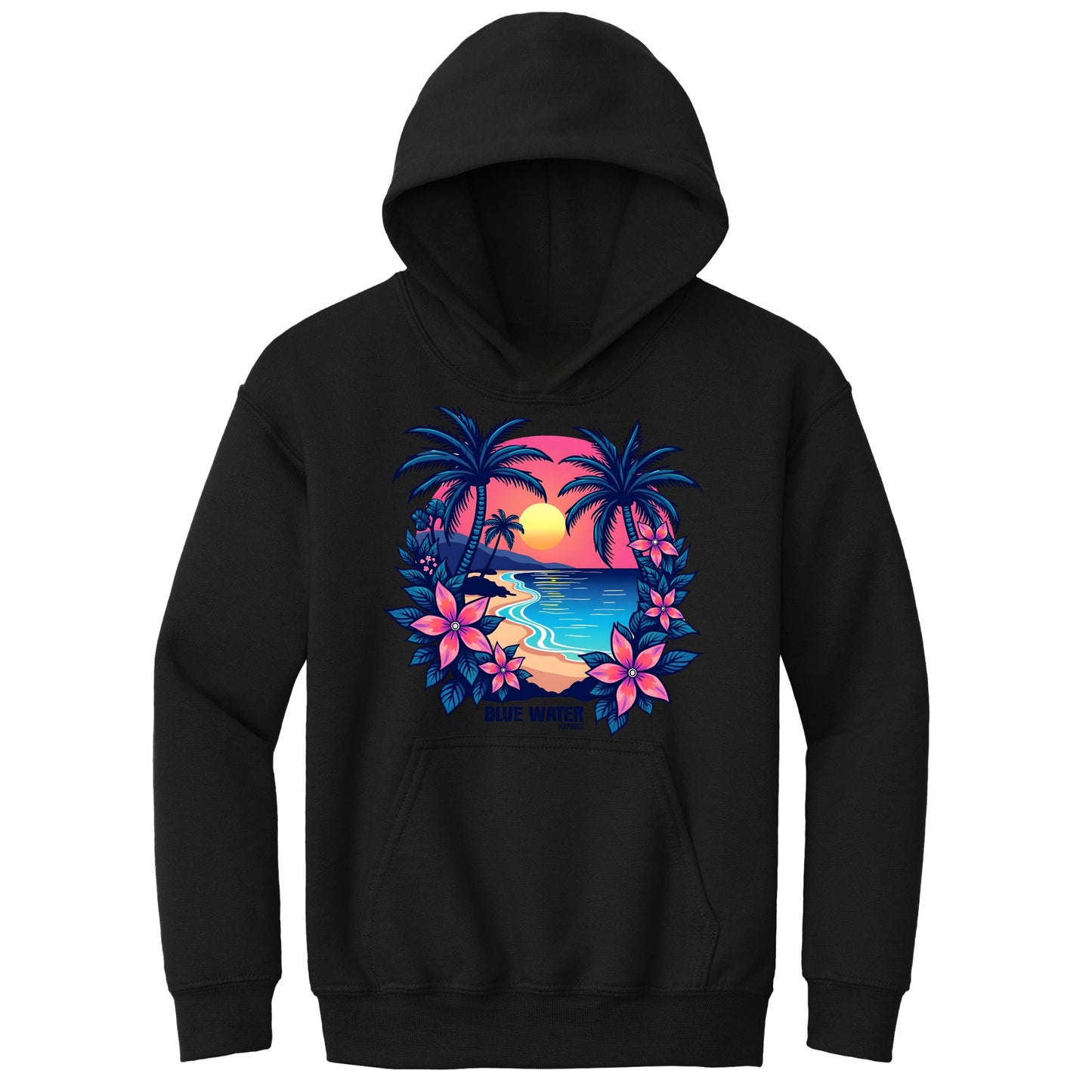 flat lay black tropical sunset kids hoodie by blue water apparel