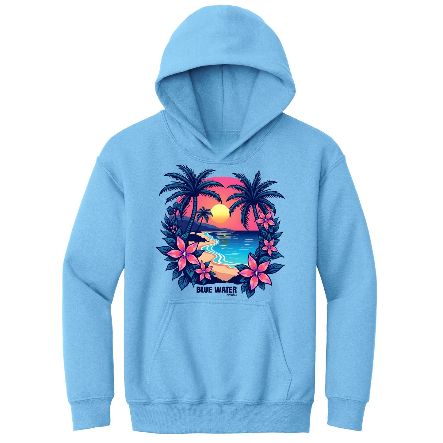 flat lay carolina blue tropical sunset kids hoodie by blue water apparel