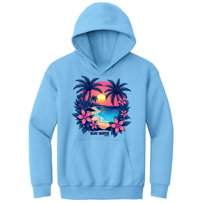 flat lay carolina blue tropical sunset kids hoodie by blue water apparel