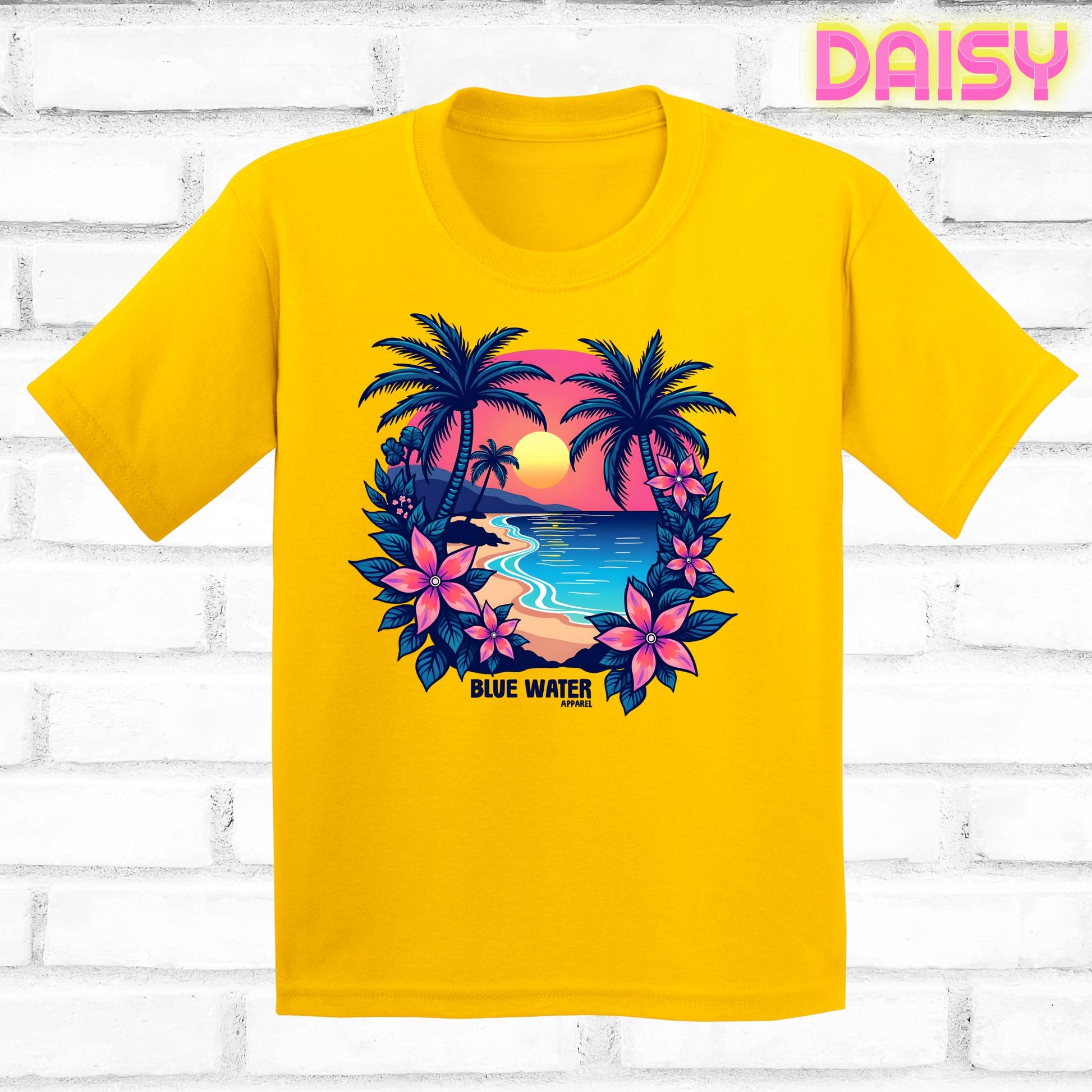 flat lay daisy tropical sunset tee by blue water apparel