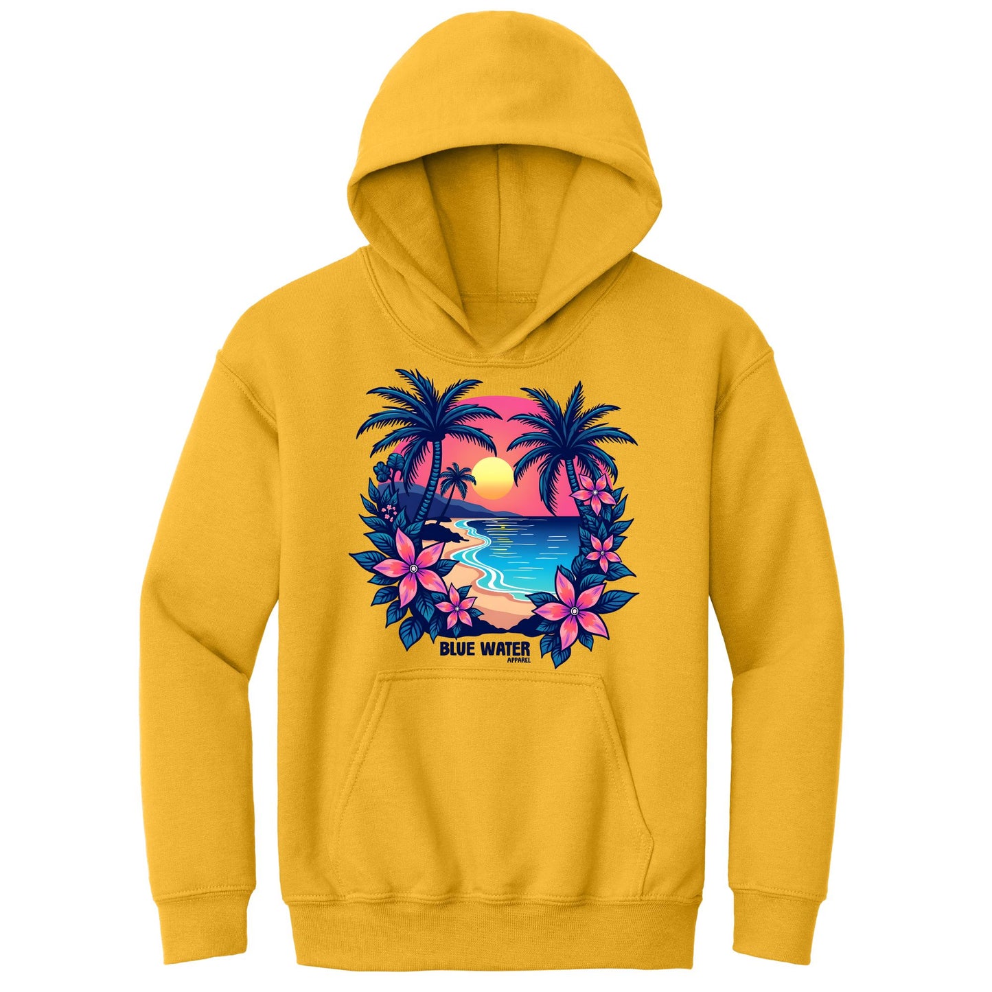 flat lay gold tropical sunset kids hoodie by blue water apparel