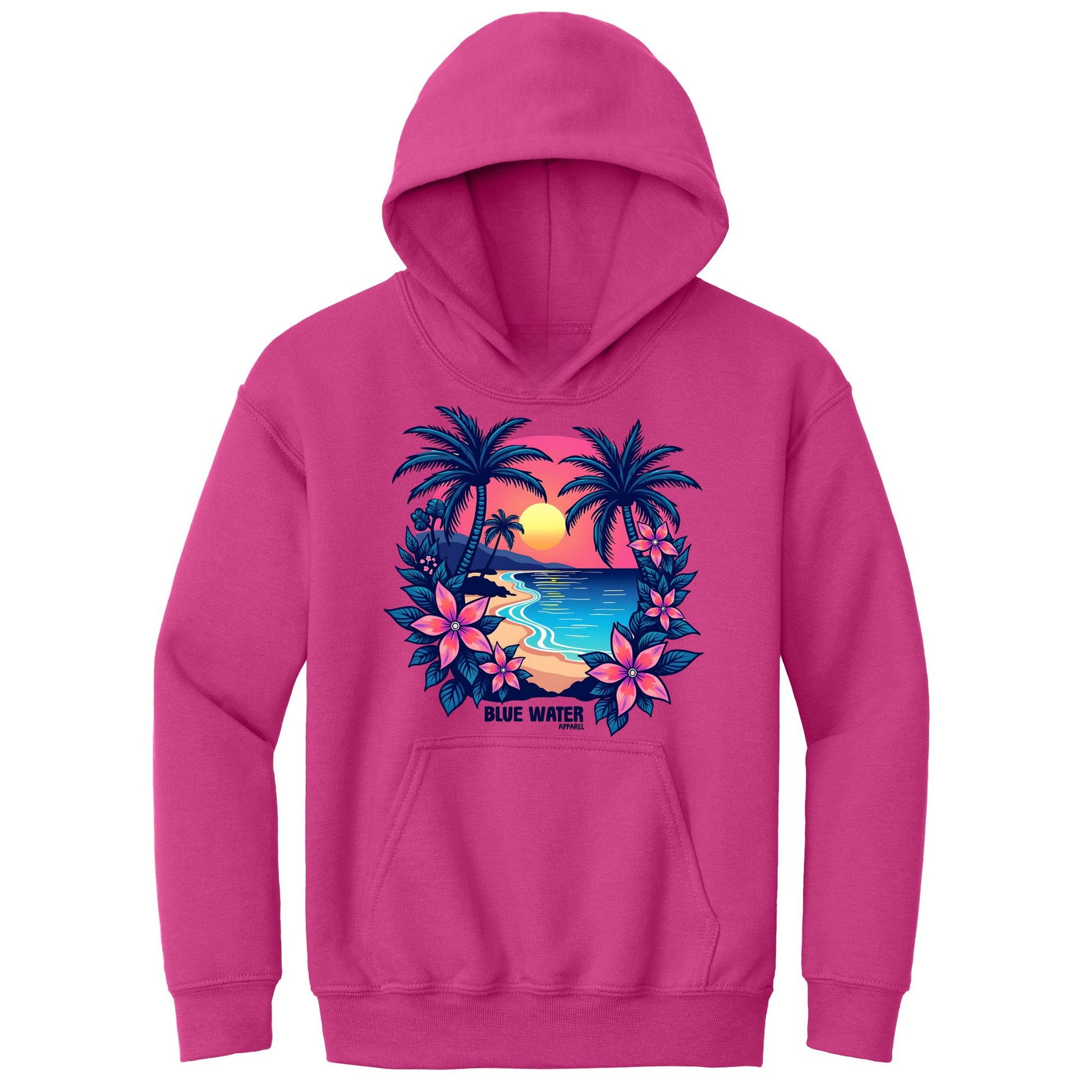 flat lay heliconia tropical sunset kids hoodie by blue water apparel