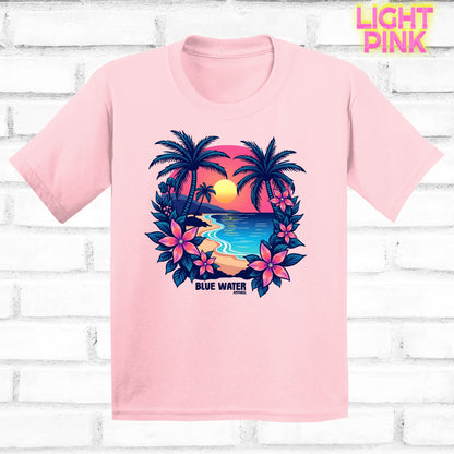 flat lay light pink tropical sunset tee by blue water apparel
