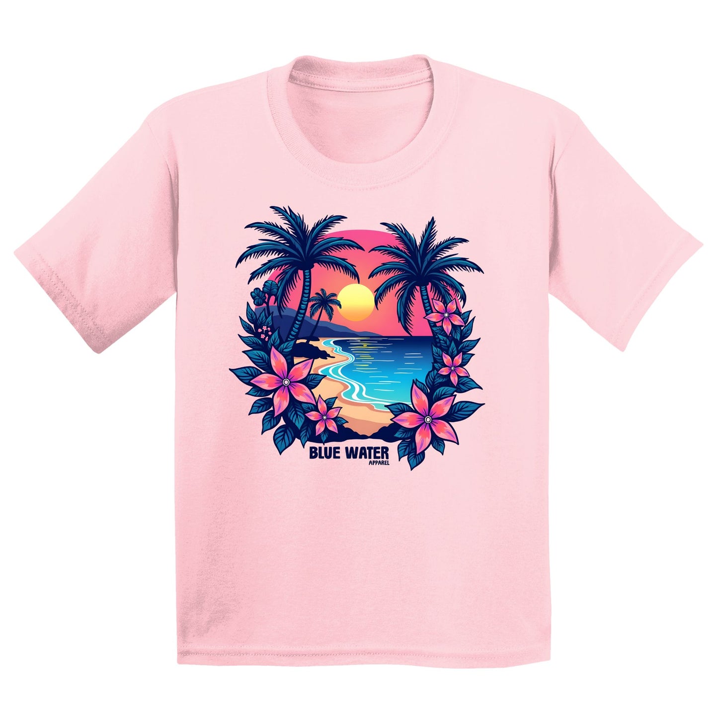flat lay light pink tropical sunset kids tee by blue water apparel