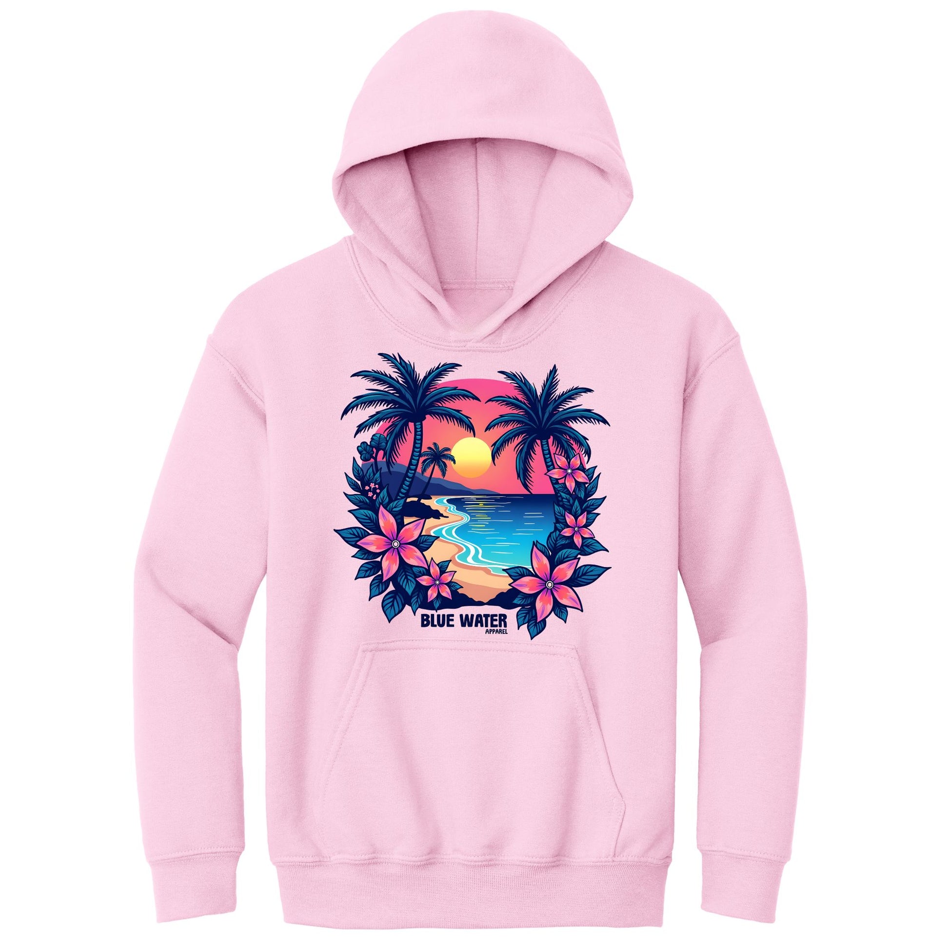 flat lay light pink tropical sunset kids hoodie by blue water apparel