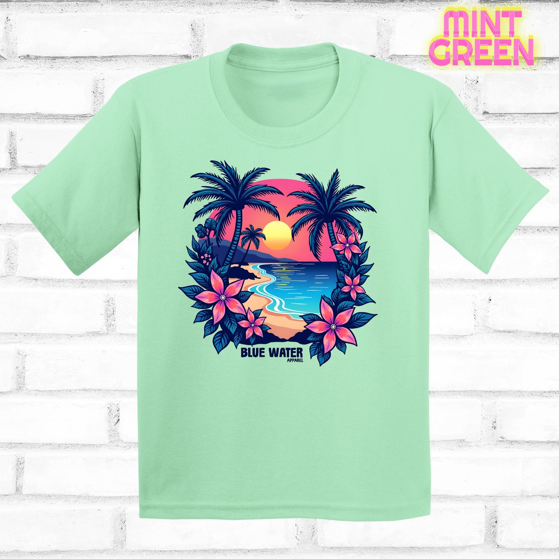 flat lay mint tropical sunset tee by blue water apparel