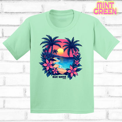 flat lay mint tropical sunset tee by blue water apparel
