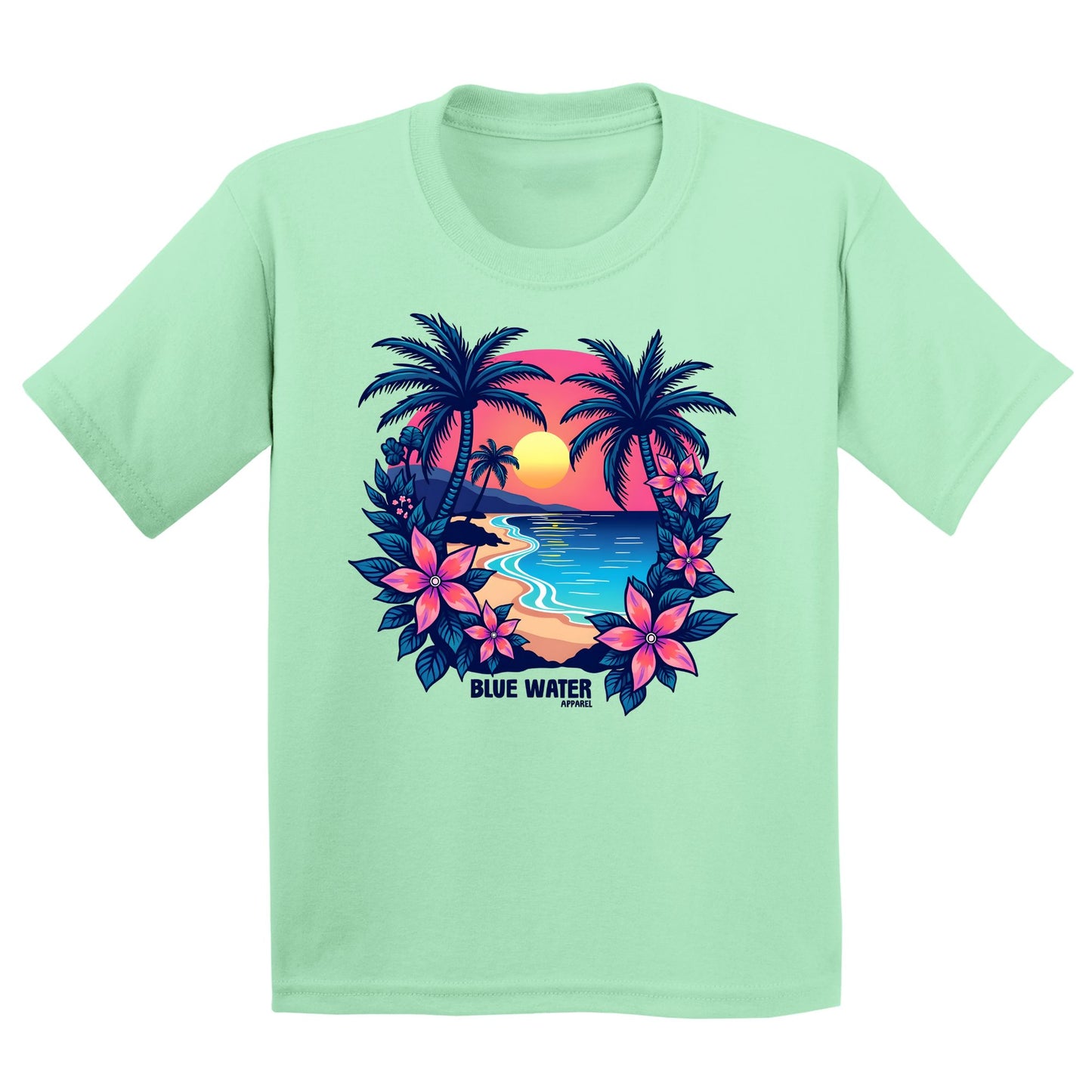 flat lay mint green tropical sunset kids tee by blue water apparel