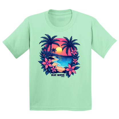 flat lay mint green tropical sunset kids tee by blue water apparel