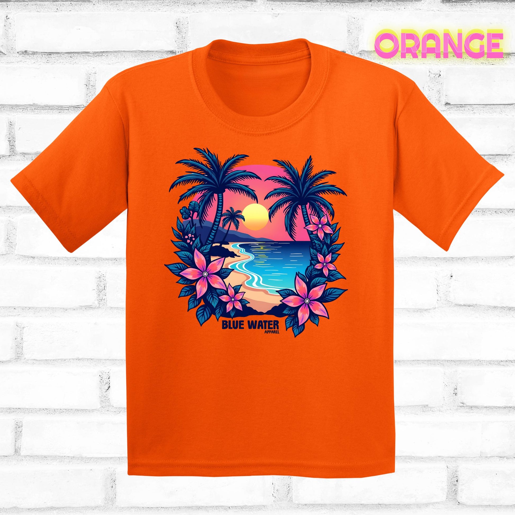 flat lay orange tropical sunset tee by blue water apparel