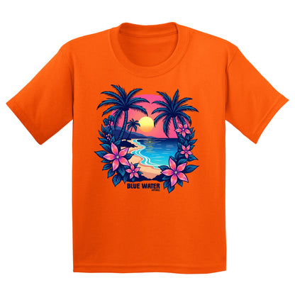 flat lay orange tropical sunset kids tee by blue water apparel