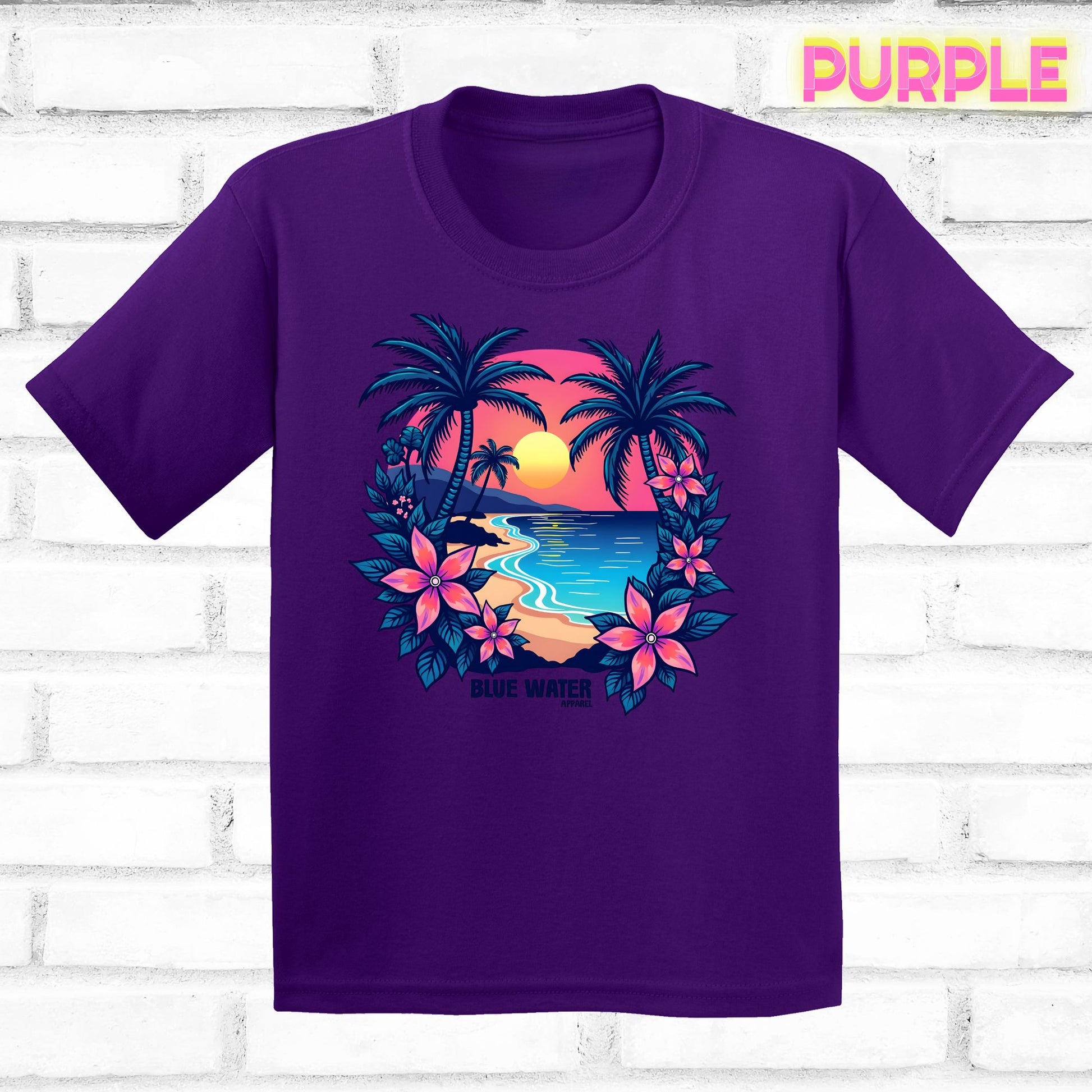 flat lay purple tropical sunset tee by blue water apparel