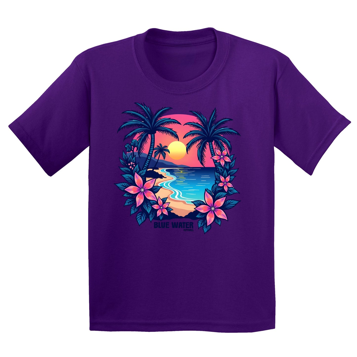 flat lay purple tropical sunset kids tee by blue water apparel