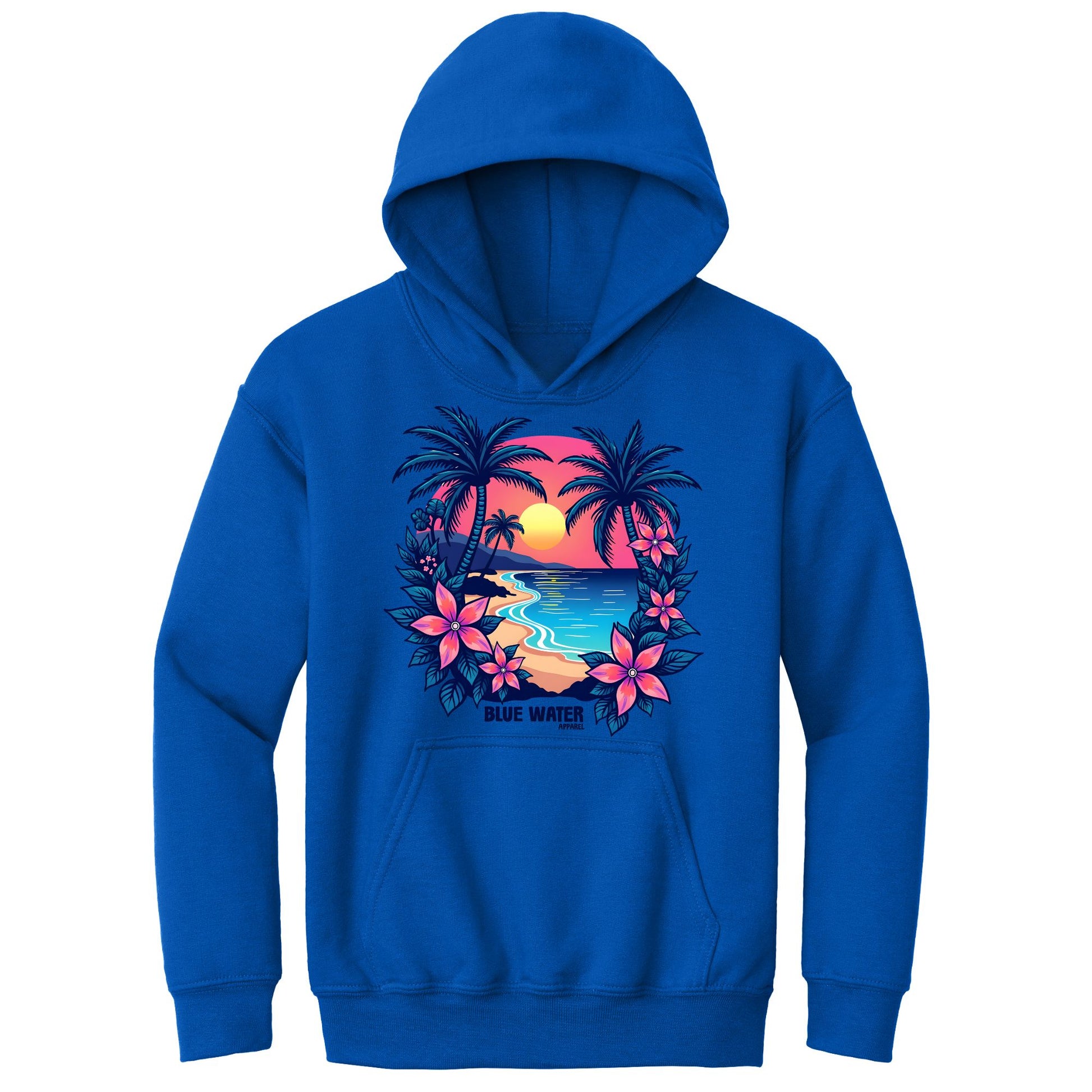 flat lay royal tropical sunset kids hoodie by blue water apparel