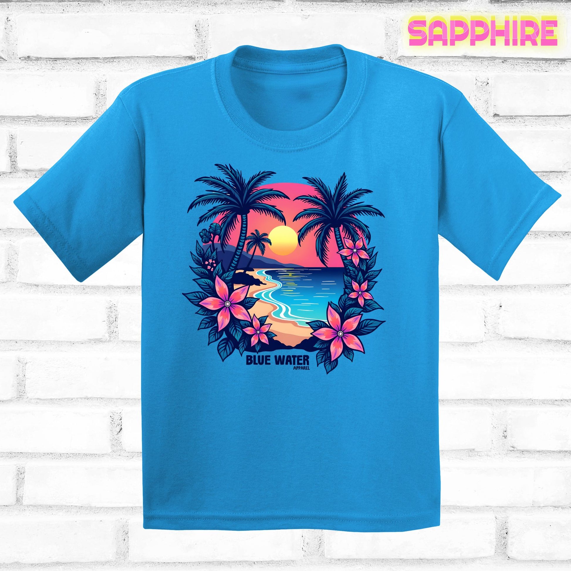 flat lay sapphire tropical sunset tee by blue water apparel