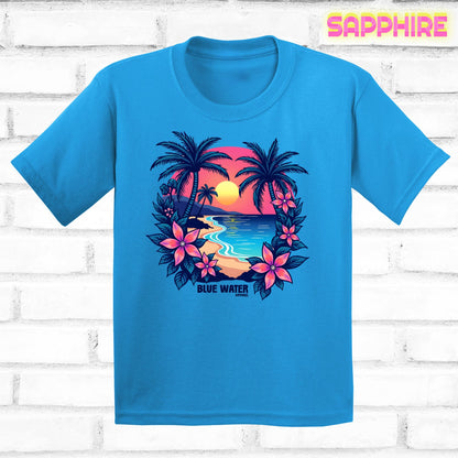 flat lay sapphire tropical sunset tee by blue water apparel