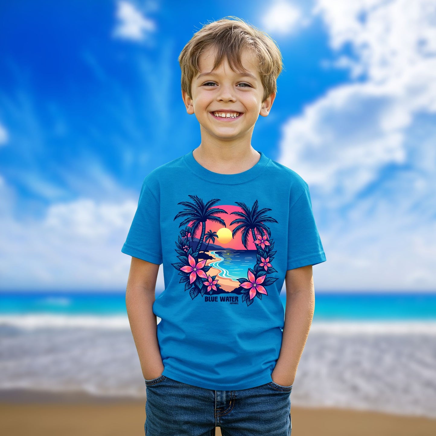 male model on beach wearing sapphire tropical sunset tee by blue water apparel