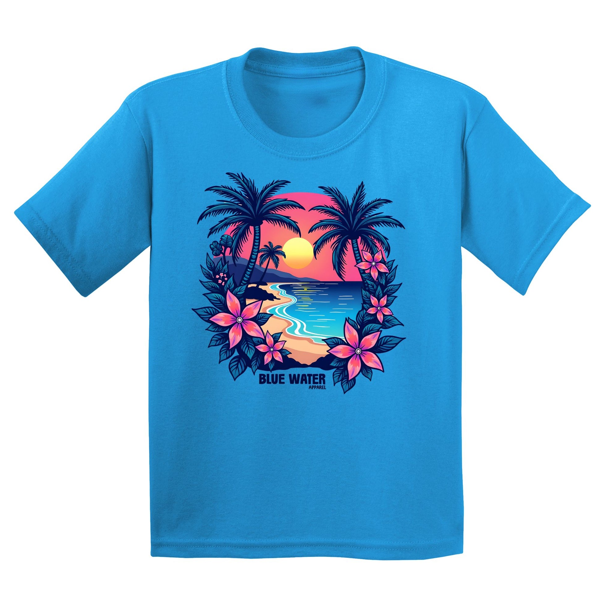 flat lay sapphire tropical sunset kids tee by blue water apparel