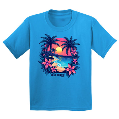 flat lay sapphire tropical sunset kids tee by blue water apparel