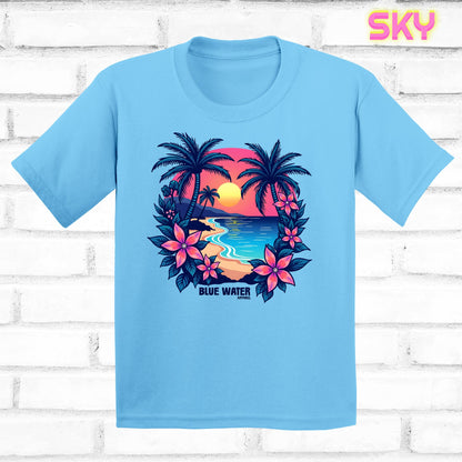 flat lay sky tropical sunset tee by blue water apparel