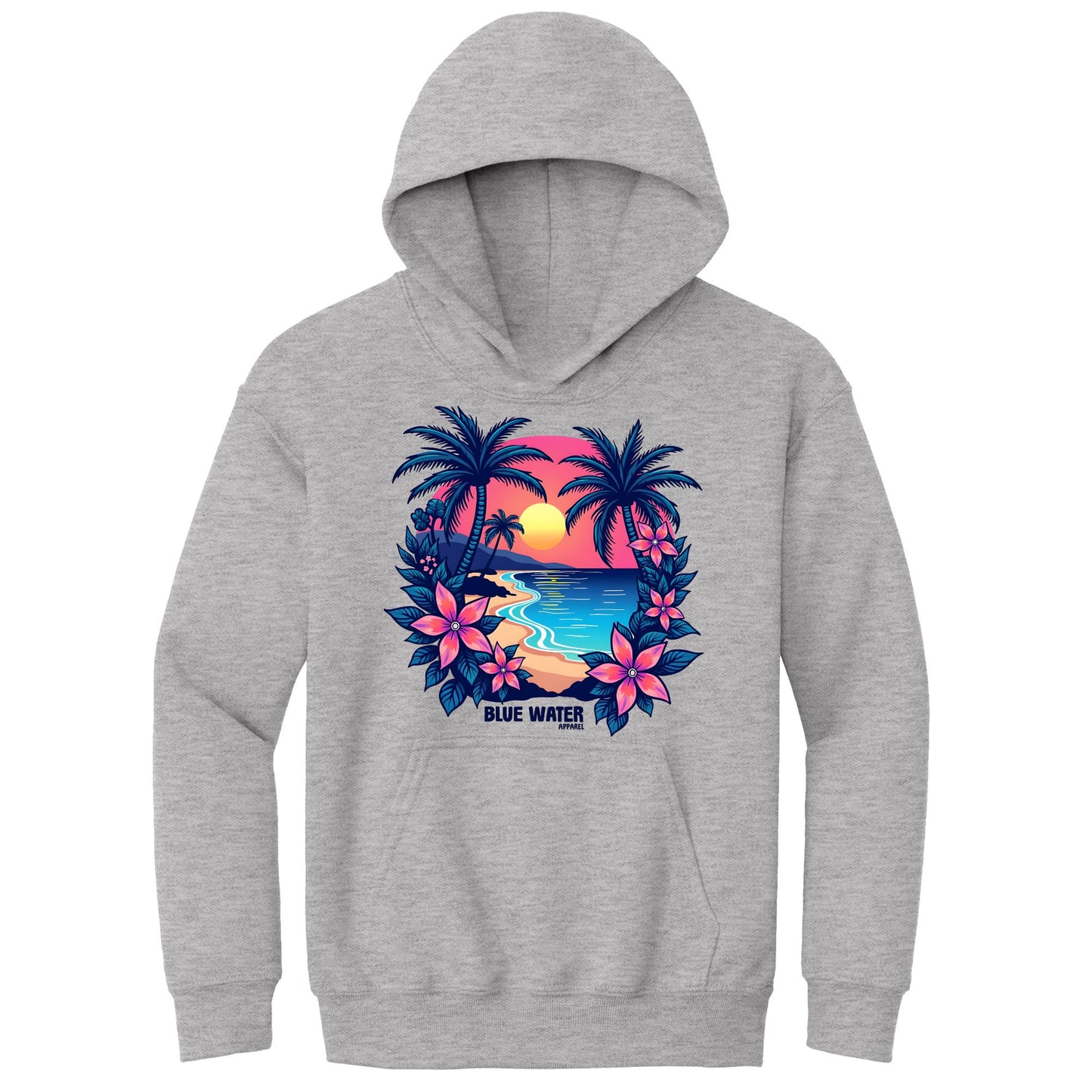 flat lay sport grey tropical sunset kids hoodie by blue water apparel