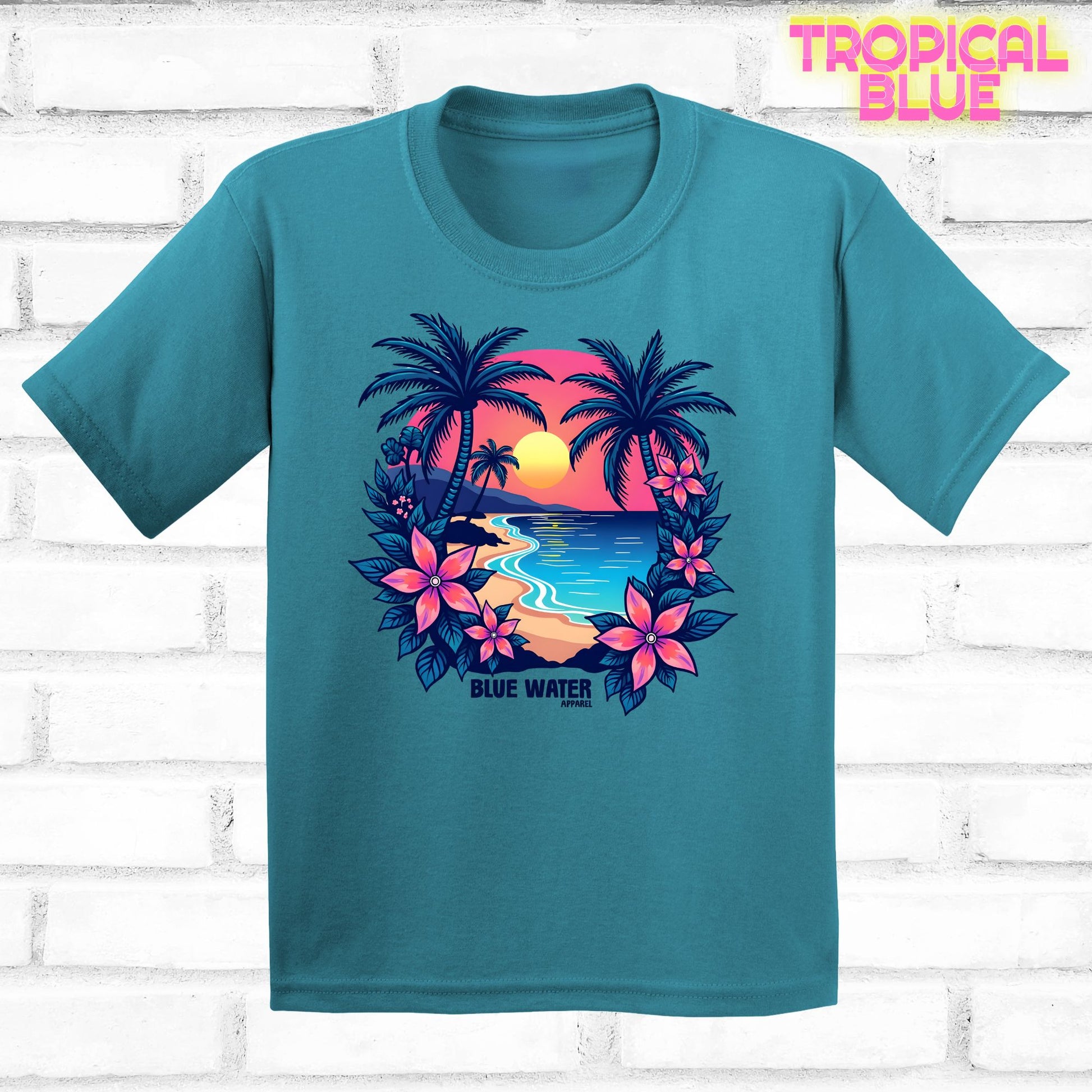flat lay tropical blue tropical sunset tee by blue water apparel