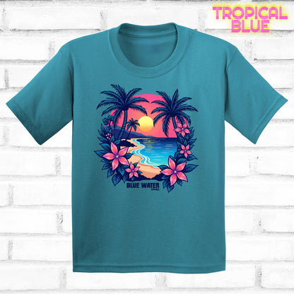 flat lay tropical blue tropical sunset tee by blue water apparel