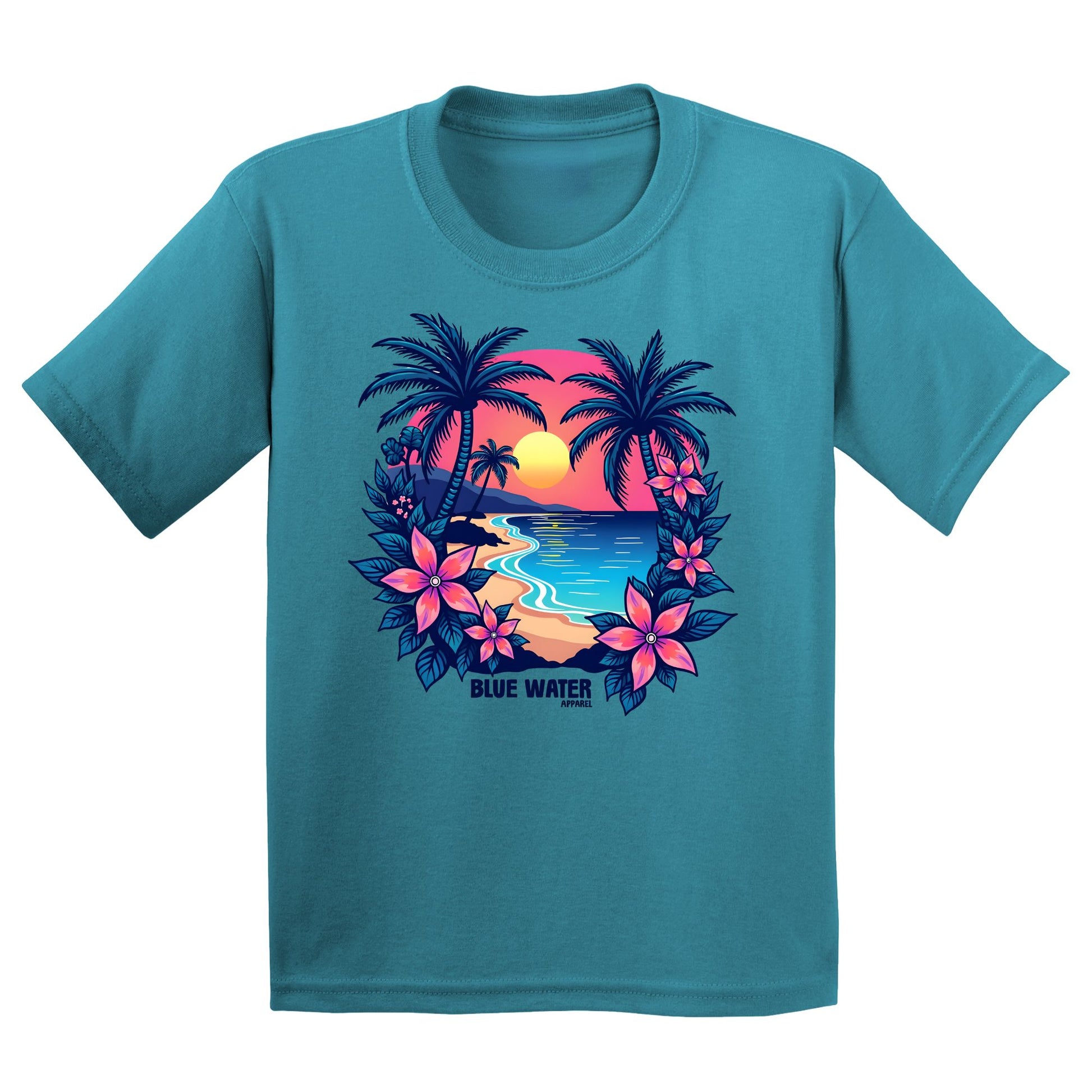 flat lay tropical blue tropical sunset kids tee by blue water apparel