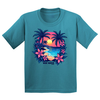 flat lay tropical blue tropical sunset kids tee by blue water apparel