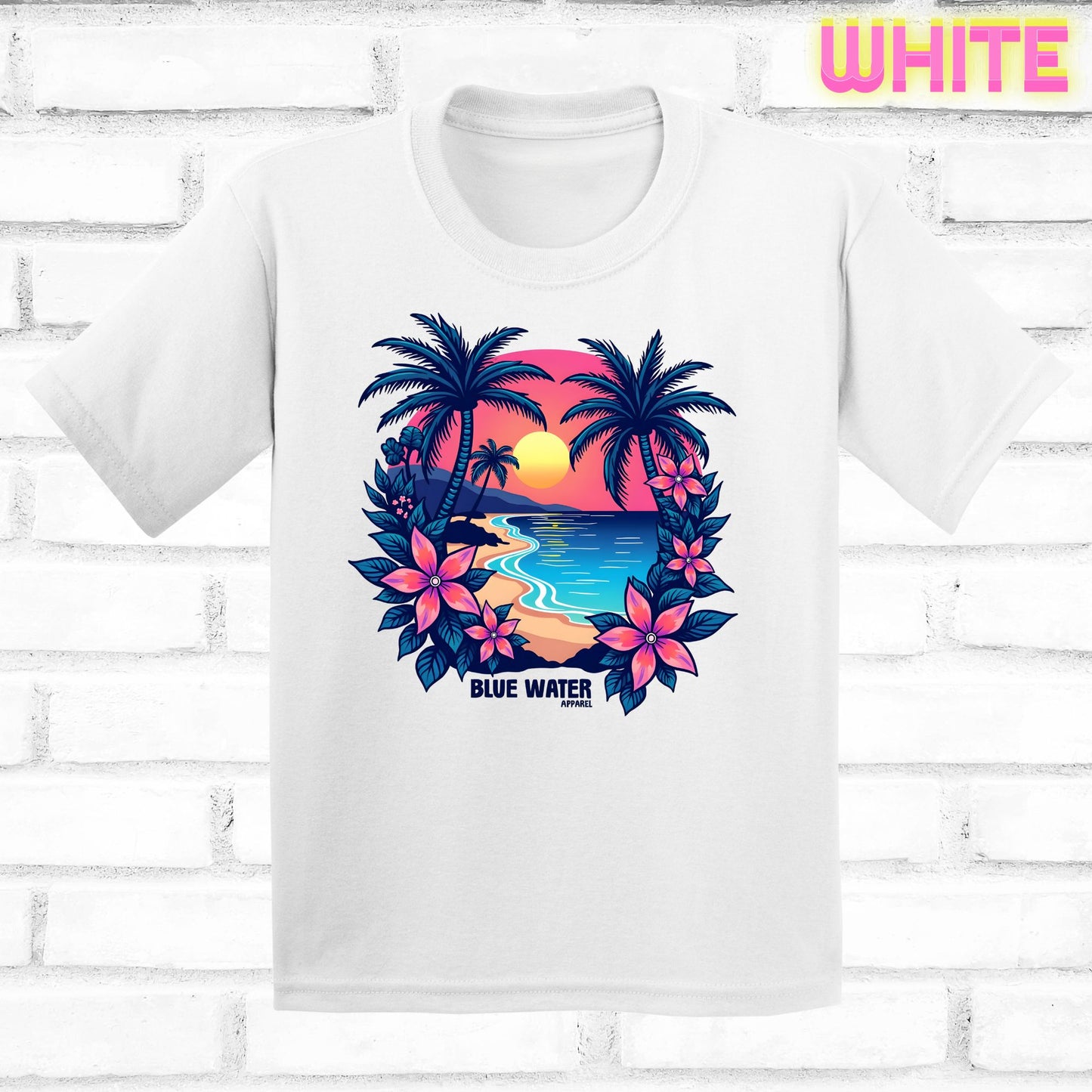 flat lay white tropical sunset tee by blue water apparel