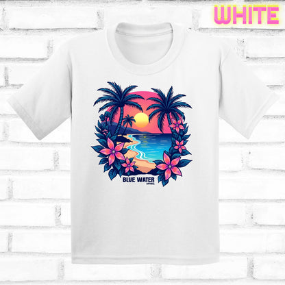 flat lay white tropical sunset tee by blue water apparel