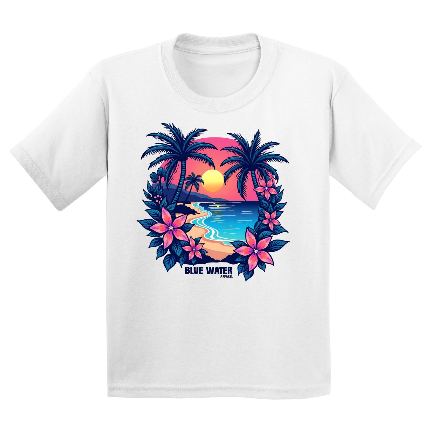 flat lay white tropical sunset kids tee by blue water apparel
