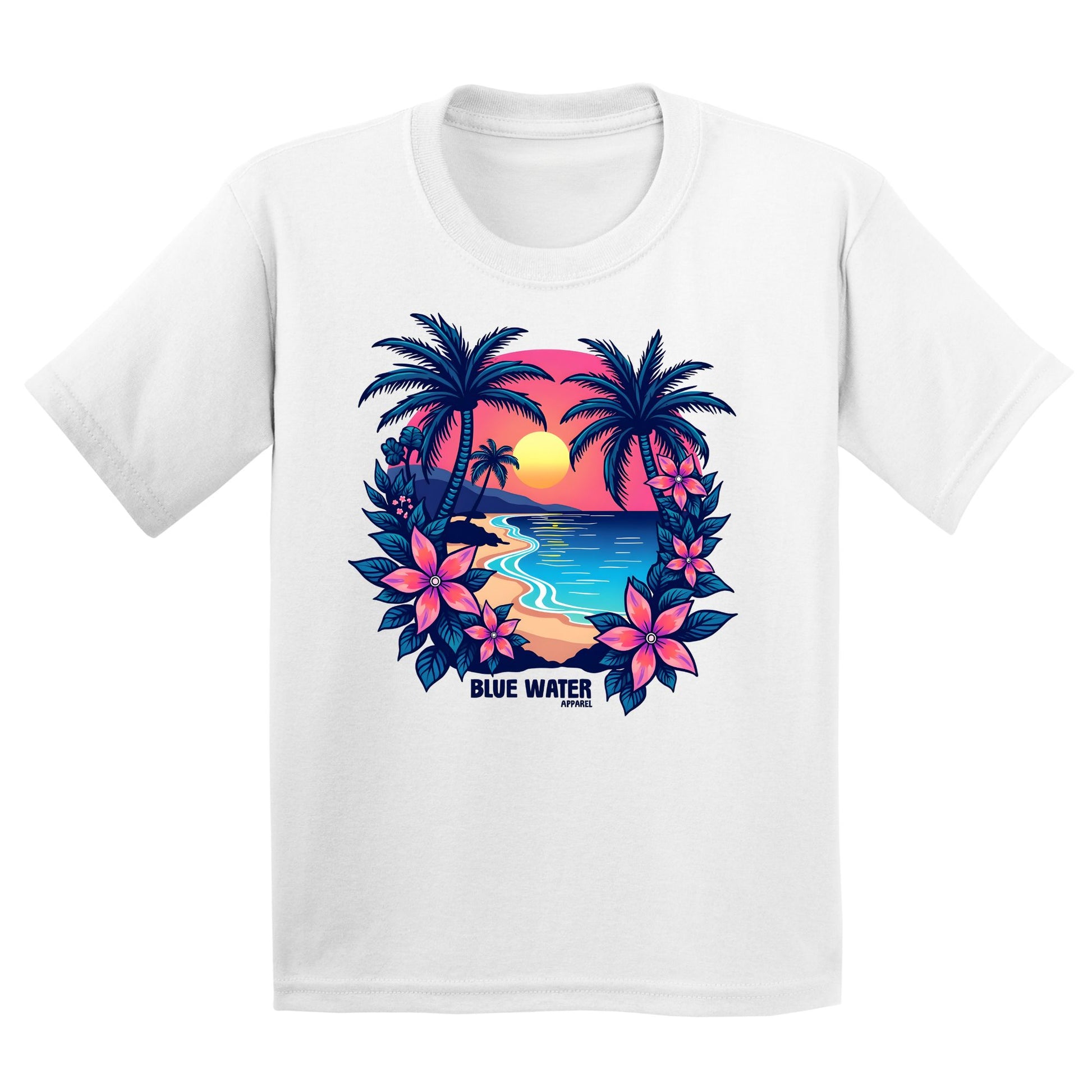 flat lay white tropical sunset kids tee by blue water apparel