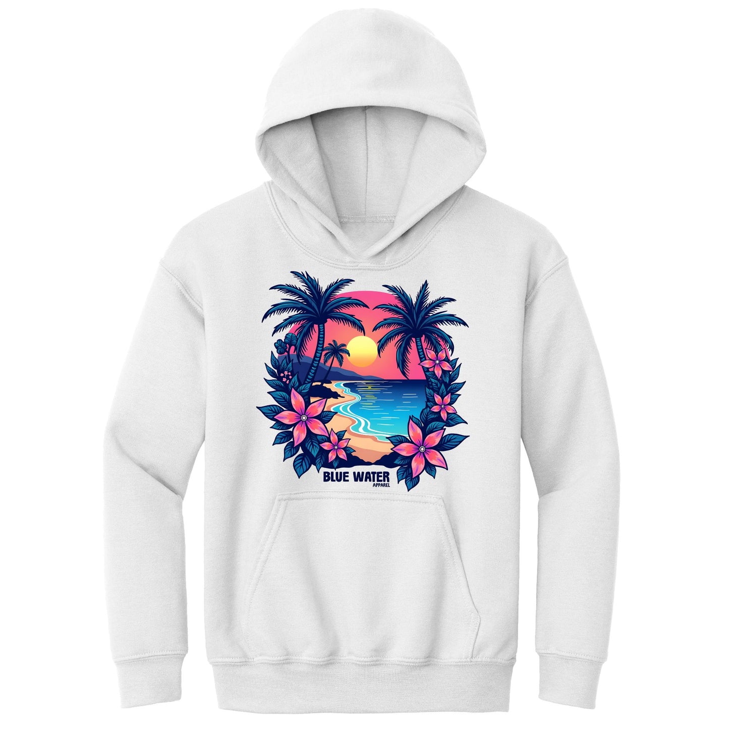 flat lay white tropical sunset kids hoodie by blue water apparel